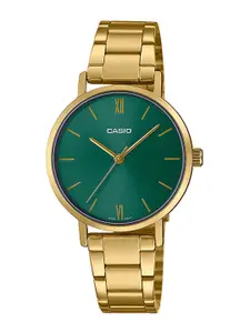 CASIO Women Green Dial & Gold Toned Stainless Steel Straps Analogue Watch - A1999