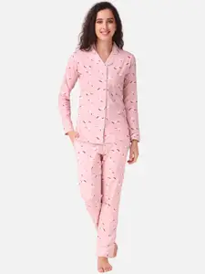 Masha Women Pink Printed Cotton Night Suit