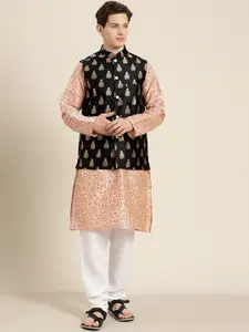 SOJANYA Men Pink & Gold Floral Printed Straight Kurta Churidar & Woven Design Nehru Jacket