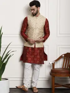 SOJANYA Men Maroon & Gold Floral Straight Kurta Churidar & Sequined Nehru Jacket