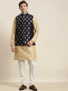 SOJANYA Men Beige Floral Printed Kurta with Pyjamas & Nehru Jacket