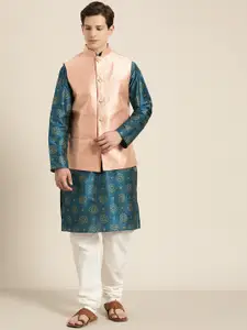 SOJANYA Men Teal Blue & Gold Floral Straight Kurta Churidar & Woven Design Nehru Jacket