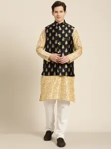 SOJANYA Men Beige & Gold Floral Straight Kurta Churidar Nehru Jacket