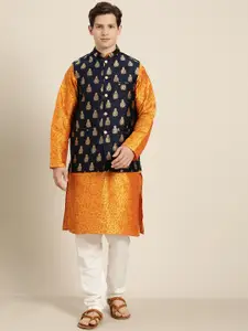 SOJANYA Men Orange & Gold Floral Printed Straight Kurta Churidar & Woven Nehru Jacket