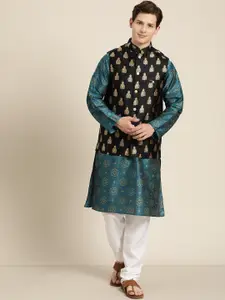 SOJANYA Men Teal Blue & Gold Floral Printed Straight Kurta Churidar & Woven Nehru Jacket