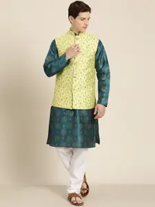 SOJANYA Men Teal Blue & Gold Floral Straight Kurta Churidar Sequinned Nehru Jacket
