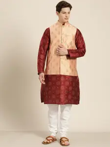 SOJANYA Men Maroon & Gold Floral Straight Kurta Churidar Woven Design Nehru Jacket