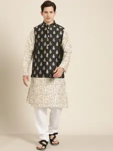 SOJANYA Men Cream-Coloured & Gold Floral Straight Kurta Churidar Woven Design Nehru Jacket