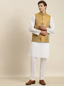 SOJANYA Men White Chikankari Pure Cotton Kurta with Pyjamas & Nehru Jacket