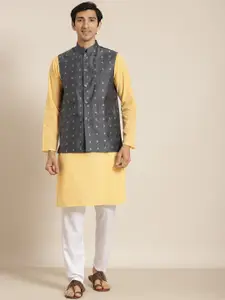 SOJANYA Men Yellow Chikankari Pure Cotton Kurta with Churidar & Nehru Jacket