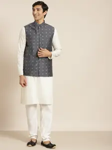 SOJANYA Men Cream-Coloured Chikankari Pure Cotton Kurta with Churidar & Nehru Jacket
