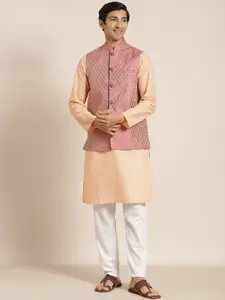 SOJANYA Men Peach-Coloured Chikankari Pure Cotton Kurta with Churidar & Nehru Jacket