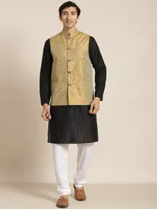 SOJANYA Men Black Chikankari Pure Cotton Kurta with Churidar & Nehru Jacket