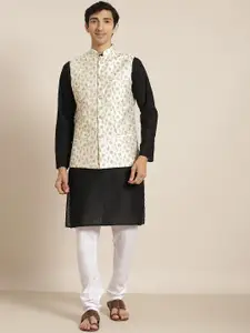 SOJANYA Men Black Chikankari Pure Cotton Kurta with Churidar & Nehru Jacket