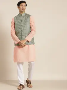 SOJANYA Men Peach-Coloured Chikankari Pure Cotton Kurta with Churidar & Nehru Jacket