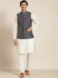 SOJANYA Men Cream-Coloured Chikankari Pure Cotton Kurta with Churidar & Nehru Jacket