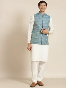 SOJANYA Men Cream-Coloured Chikankari Pure Cotton Kurta with Churidar & Nehru Jacket