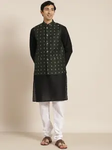 SOJANYA Men Black Chikankari Pure Cotton Kurta with Churidar & Nehru Jacket