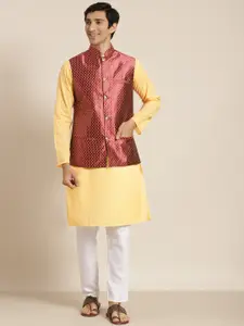 SOJANYA Men Yellow Chikankari Pure Cotton Kurta with Churidar & Nehru Jacket