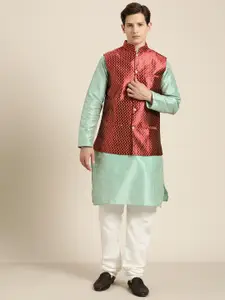 SOJANYA Men Sea Green & Beige Striped Thread Work Straight Kurta Churidar & Nehru Jacket