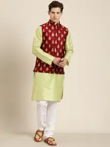 SOJANYA Men Lime Green & Beige Striped Thread Work Straight Kurta Churidar Nehru Jacket