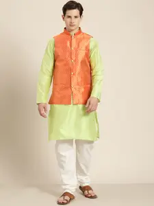 SOJANYA Men Green Striped Kurta with Pyjamas  & Nehru Jacket