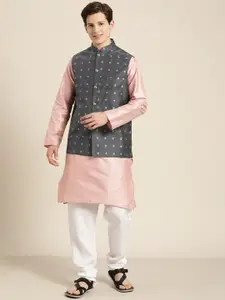 SOJANYA Men Pink Striped Kurta with Pyjamas  & Nehru Jacket