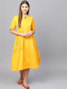 Tulsattva Mustard Yellow Ethnic Motifs Ethnic A-Line Cotton Midi Dress