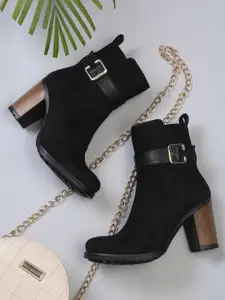Roadster Black Suede Block Heeled Boots with Buckles
