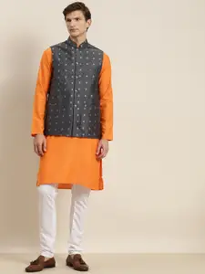 SOJANYA Men Orange & Grey Kurta with Churidar & Nehru Jacket
