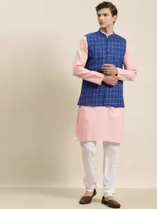 SOJANYA Men Pink & Blue Kurta with Churidar & Nehru Jacket