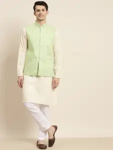 SOJANYA Men Cream-Coloured & Green Kurta with Churidar & Nehru Jacket