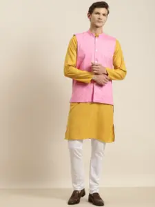 SOJANYA Men Mustard Yellow & Pink Kurta with Churidar & Nehru Jacket