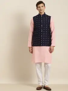 SOJANYA Men Pink & Navy Blue Kurta with Churidar & Nehru Jacket