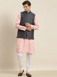 SOJANYA Men Pink & Navy Blue Kurta with Churidar & Nehru Jacket