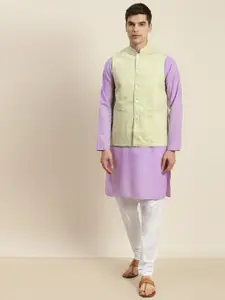SOJANYA Men Lavender & Green Kurta with Churidar & Nehru Jacket