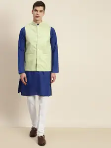 SOJANYA Men Blue & Green Kurta with Churidar & Nehru Jacket