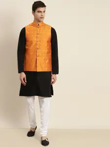 SOJANYA Men Black & Orange Kurta with Churidar & Nehru Jacket
