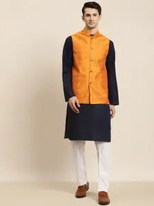 SOJANYA Men Navy Blue & Orange Kurta with Churidar & Nehru Jacket
