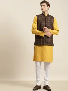 SOJANYA Men Mustard Yellow & Brown Kurta with Churidar & Nehru Jacket