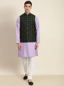 SOJANYA Men Lavender & Dark Green Kurta with Churidar & Nehru Jacket