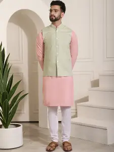 SOJANYA Men Pink & Green Kurta with Churidar & Nehru Jacket