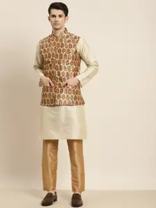 SOJANYA Men Cream-Coloured & Beige Kurta with Churidar & Nehru Jacket