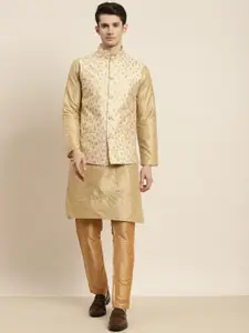 SOJANYA Men Golden & Beige Kurta with Churidar & Nehru Jacket