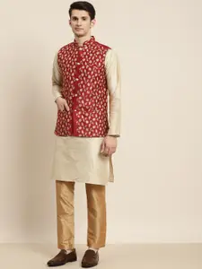 SOJANYA Men Cream-Coloured & Red Kurta with Churidar & Nehru Jacket