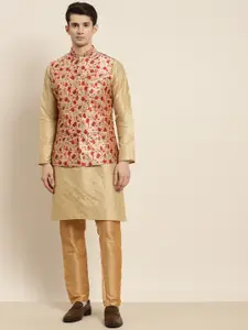 SOJANYA Men Golden & Red Kurta with Churidar & Nehru Jacket