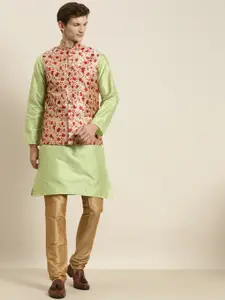 SOJANYA Men Green Striped Kurta with Churidar & Nehru Jacket