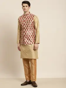 SOJANYA Men Golden & Red Kurta with Churidar & Nehru Jacket