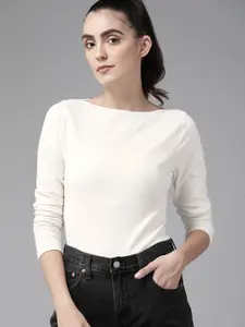 Roadster Women Off-White Ribbed Knitted Regular Top