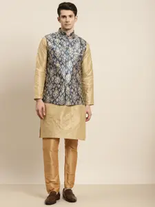 SOJANYA Men Golden & Blue Kurta with Churidar & Nehru Jacket